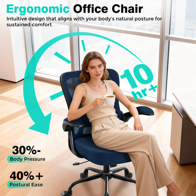 Office Chair - Ergonomic Breathable Mesh Desk Chair with Adjustable Lumbar Support and Flip-up Armrests - Executive High Back Rolling Swivel Comfortable Computer Gaming Chair for Home Office