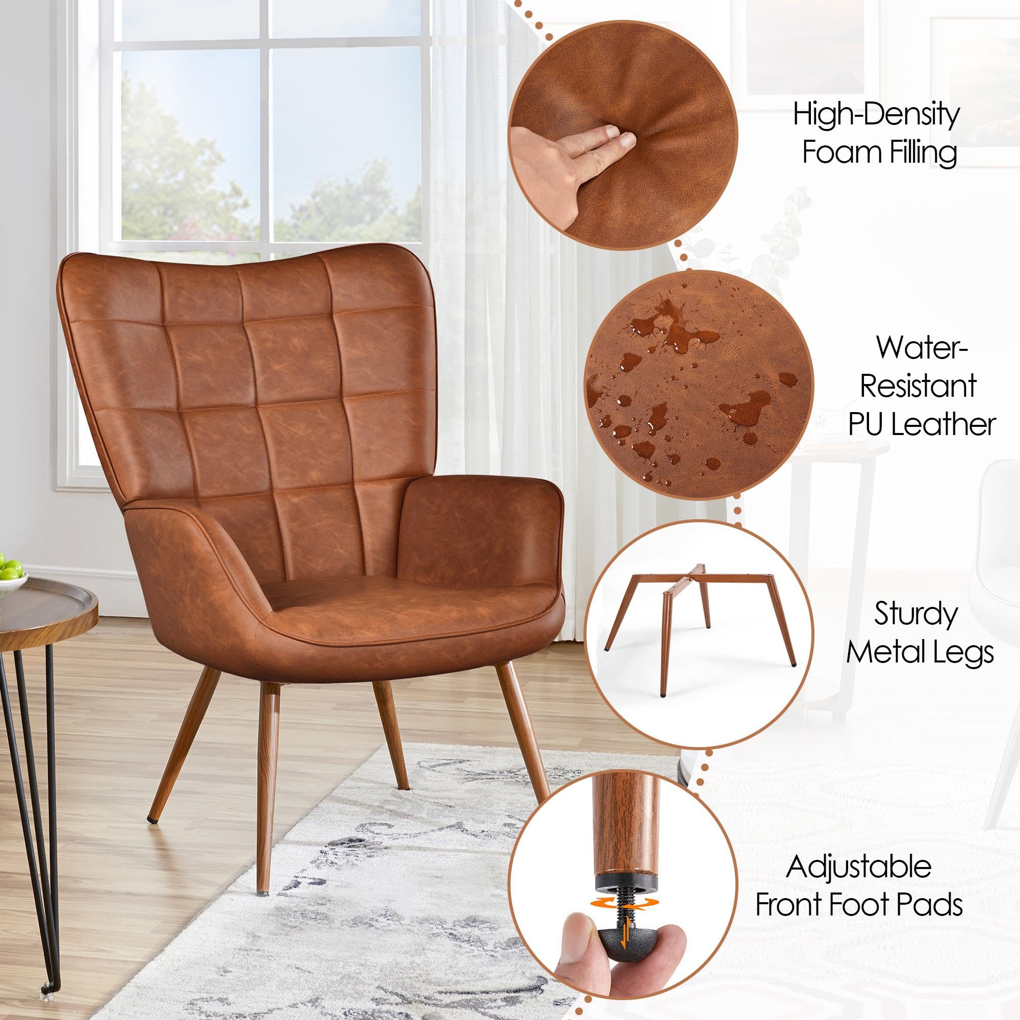 Accent Chairs, Large PU Leather High-Back Chair w/Metal Legs, Pottery Barn Style Living Room Chairs for Bedroom/Home Office, Camel
