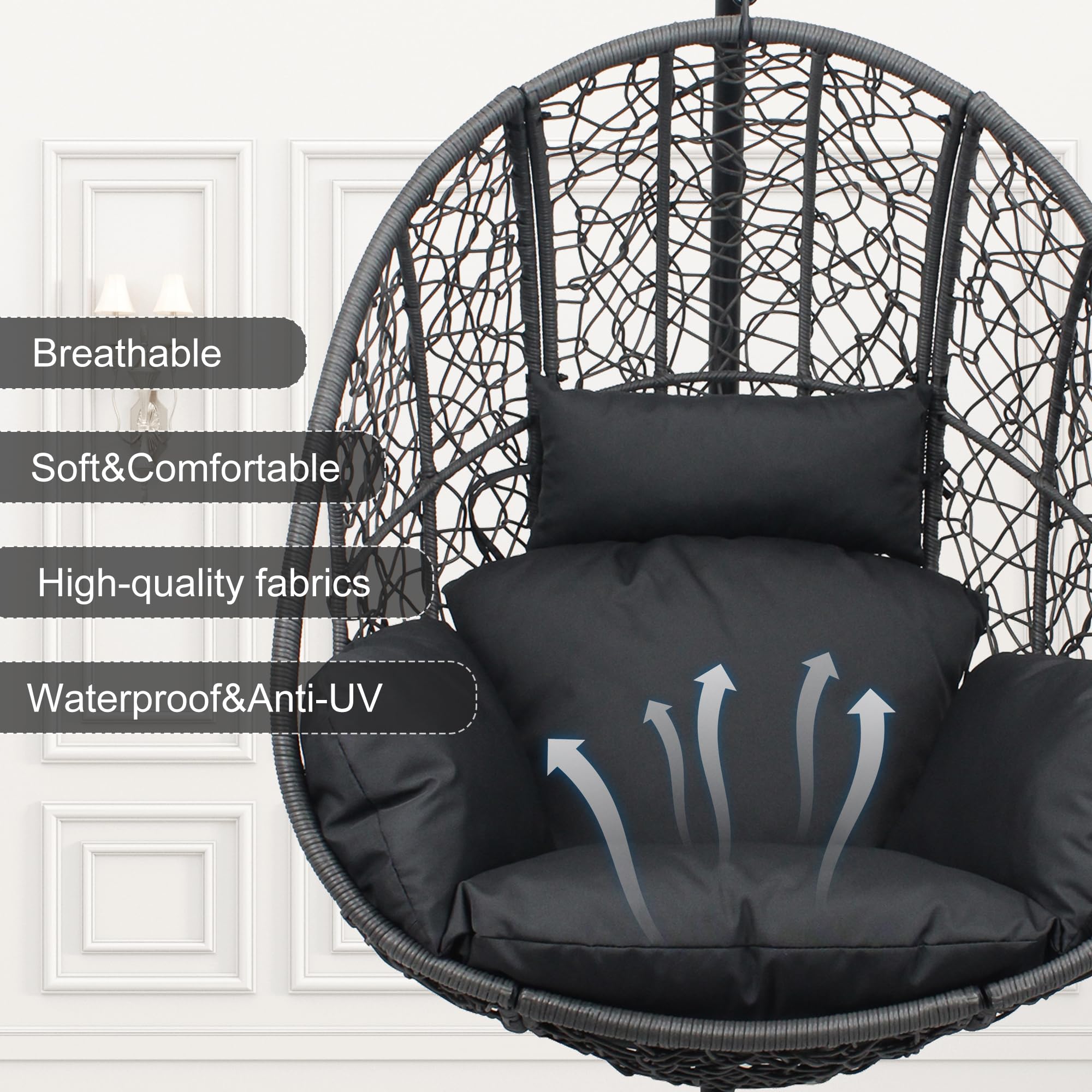Oversized Hanging Egg Chair Outdoor Indoor, Wicker Swing Egg Chair with Stand 400lbs Capacity for Bedroom, Patio, Garden and Balcony (Grey-nest, Oversize)