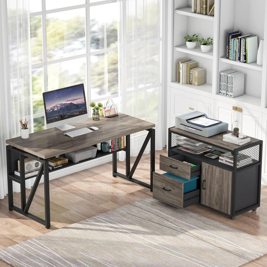 L Shaped Desk with Drawer Cabinet, 55" Executive Computer Desk and lateral File Cabinet, 2 Piece Home Office Furniture with Drawers for Hanging File, Doors with Locks (Gray, 55 inches)