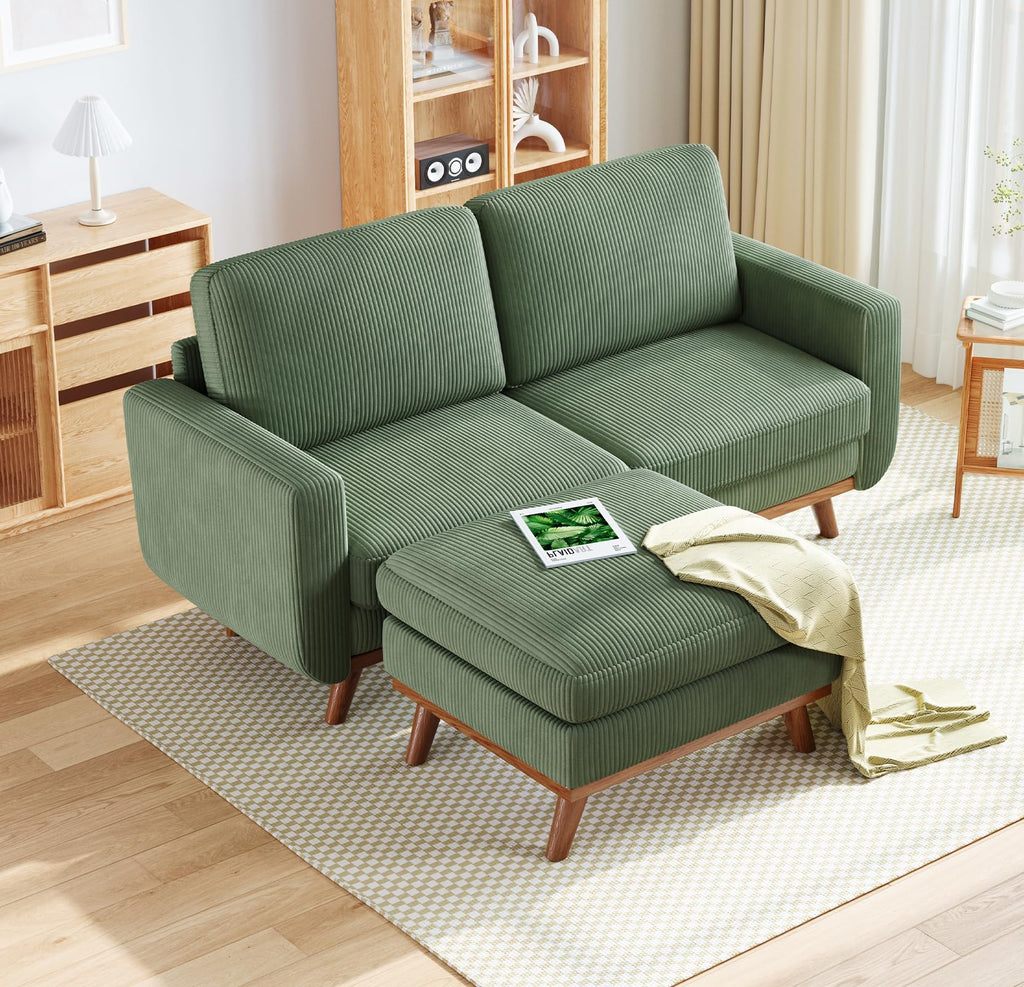 68" Loveseat Sofa with Movable Ottoman, Comfy Corduroy Couch with Spring Cushion, Sofa Couch with Solid Wood, Modern Office Sofa with Deep Seat for Living Room and Bedroom, Green