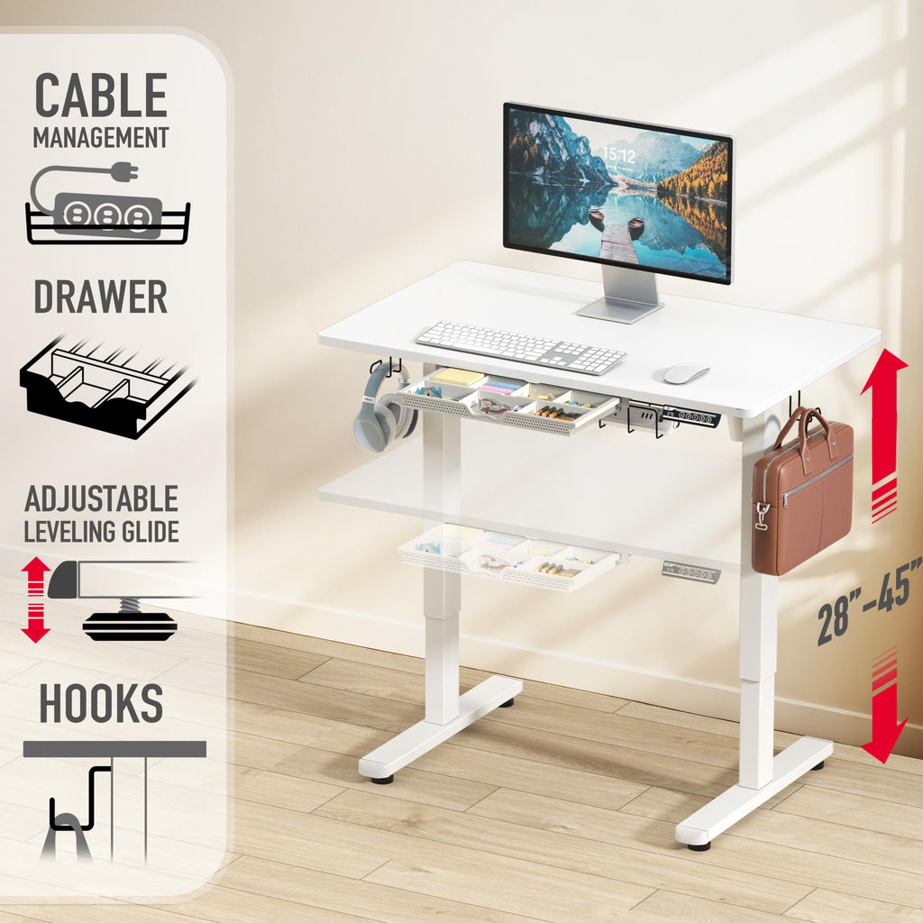 40-Inch Electric Height Adjustable Standing Desk with Drawer, Memory Preset and Cable Management Tray, White