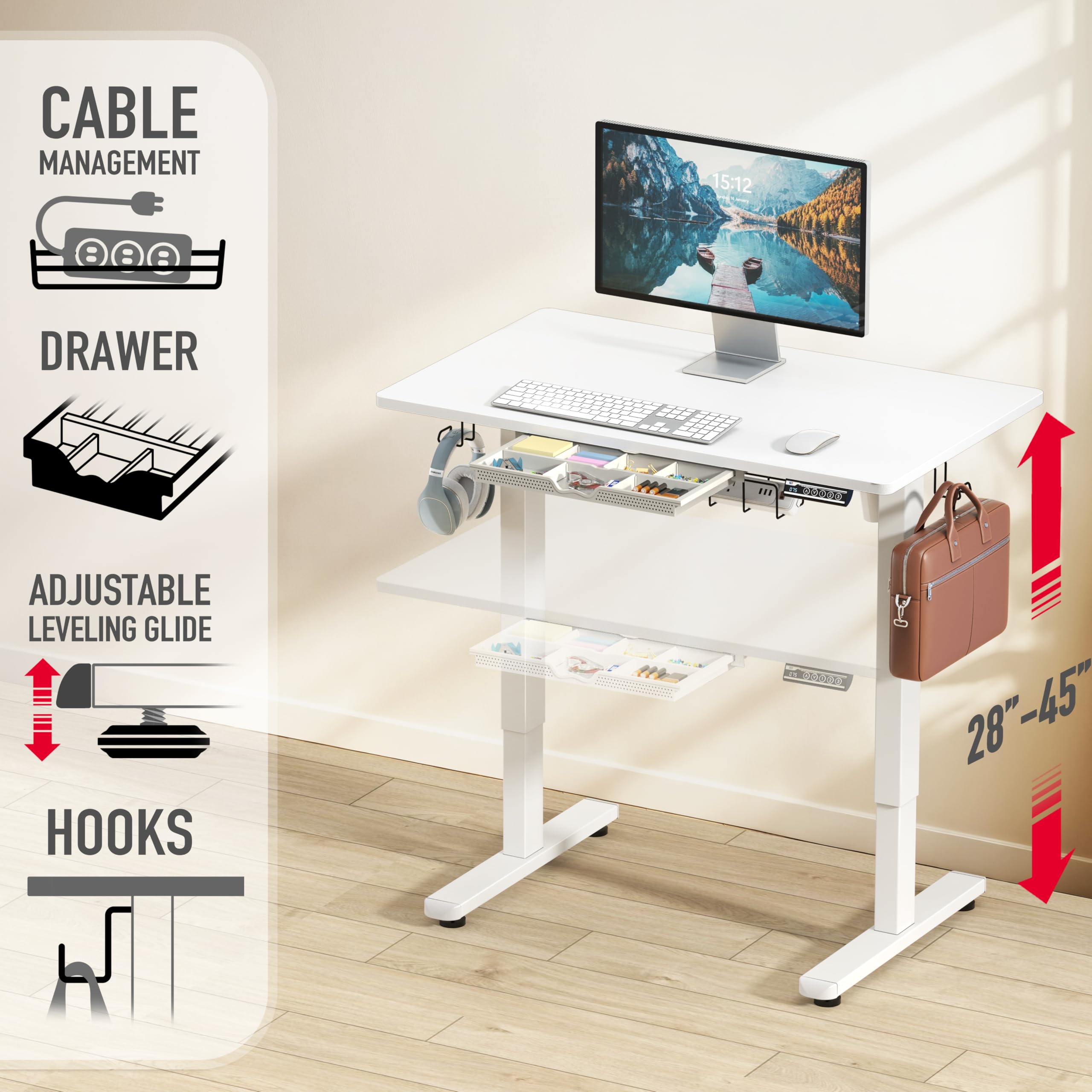 40-Inch Electric Height Adjustable Standing Desk with Drawer, Memory Preset and Cable Management Tray, White