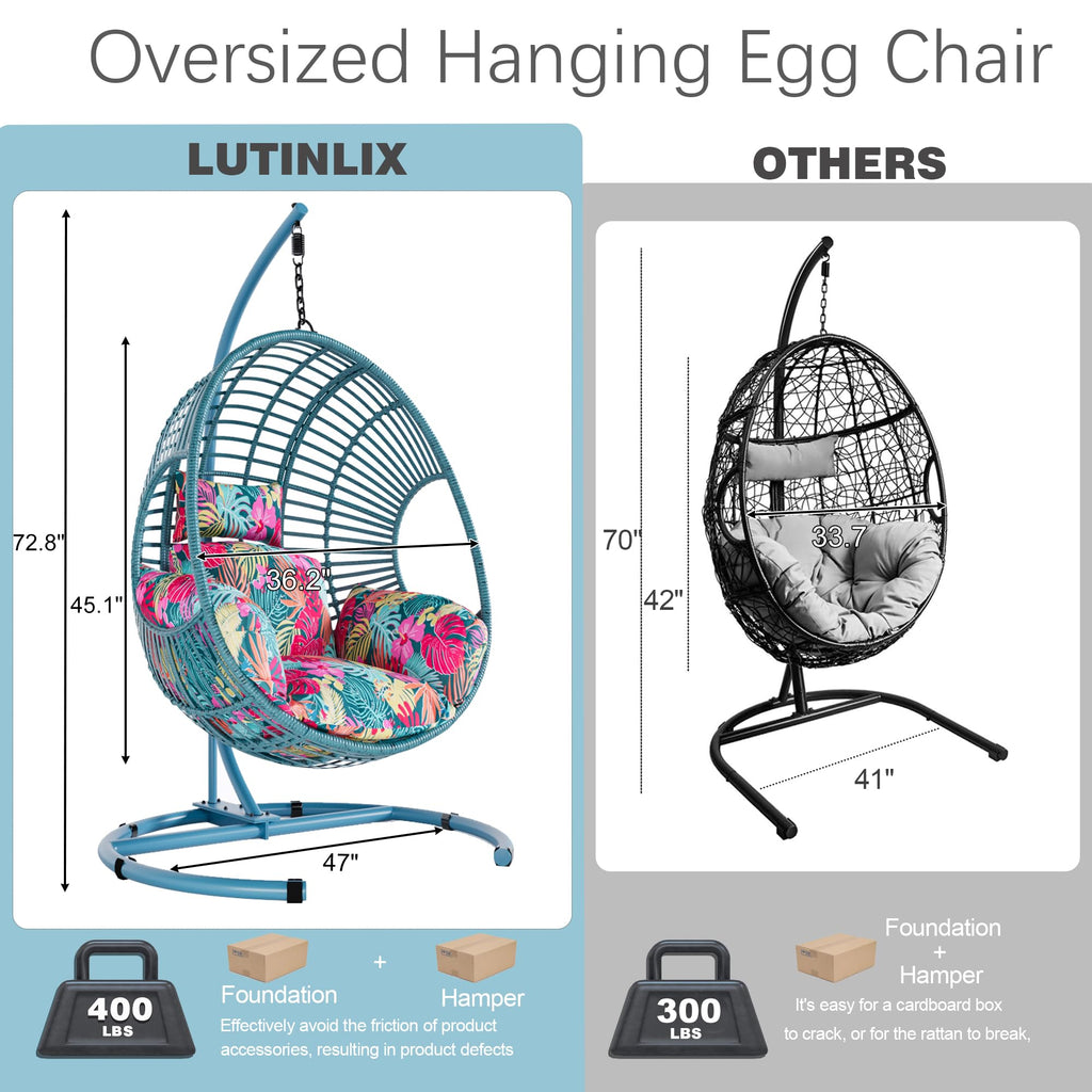 Oversized Hanging Egg Chair Outdoor Indoor, Wicker Swing Egg Chair with Stand 400lbs Capacity for Bedroom, Patio, Garden and Balcony (Hawaii Blue-Regular, Oversize)