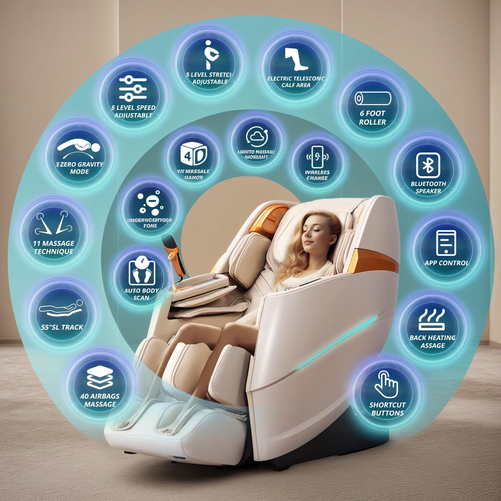 4D Massage Chair Full Body Zero Gravity Recliner - 55“ SL-Track,20 Auto Modes,11 Massage Technique,40 Airbags Massage,with Yoga Stretch,APP Control,Negative Oxygen lons（Beige）