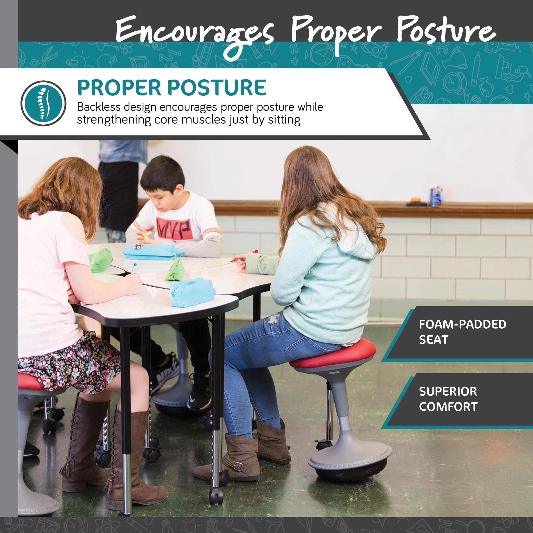 Adjustable Height Active Learning Stool for Office Desks and Classrooms, Foam-Padded Backless Wobble Stool with Rocking Motion, Black