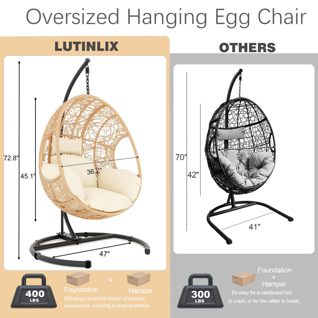 Oversized Hanging Egg Chair Outdoor Indoor, Wicker Swing Egg Chair with Stand 400lbs Capacity for Bedroom, Patio, Garden and Balcony (Beige-nest, Oversize)