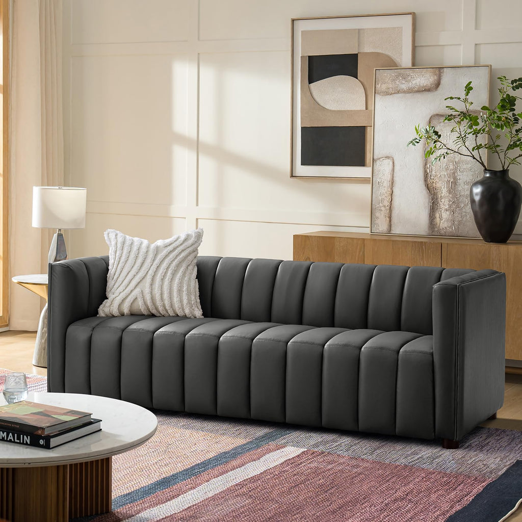 83" Genuine Leather Sofa with Channel Tufted Design, 3-Seater Sofa for Living Room Bedroom, Modern Oversized Couch with Wood Legs, Charcoal