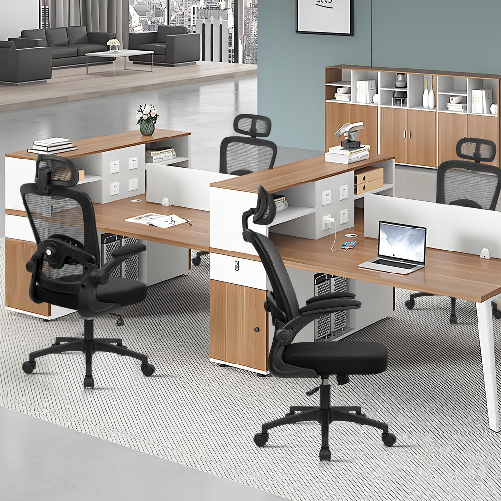 Home Office Desk Chair with Flip Up Armrests, Mesh Back Chair with Adjustable Height Lumbar Support and Headrest, Ergonomic Computer Task Chair for School, Conference, Black