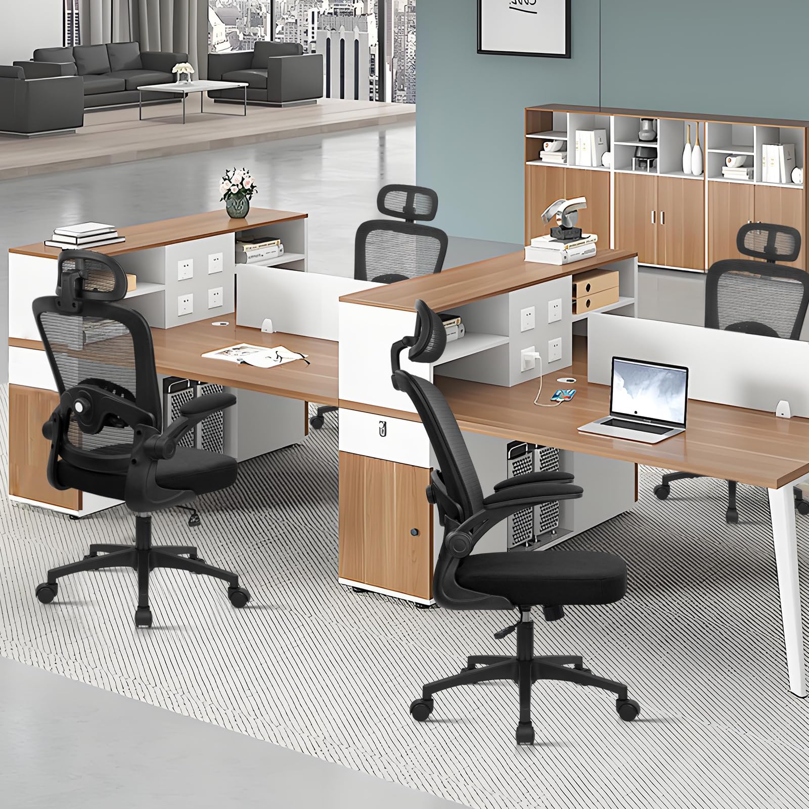 Home Office Desk Chair with Flip Up Armrests, Mesh Back Chair with Adjustable Height Lumbar Support and Headrest, Ergonomic Computer Task Chair for School, Conference, Black(2PK)