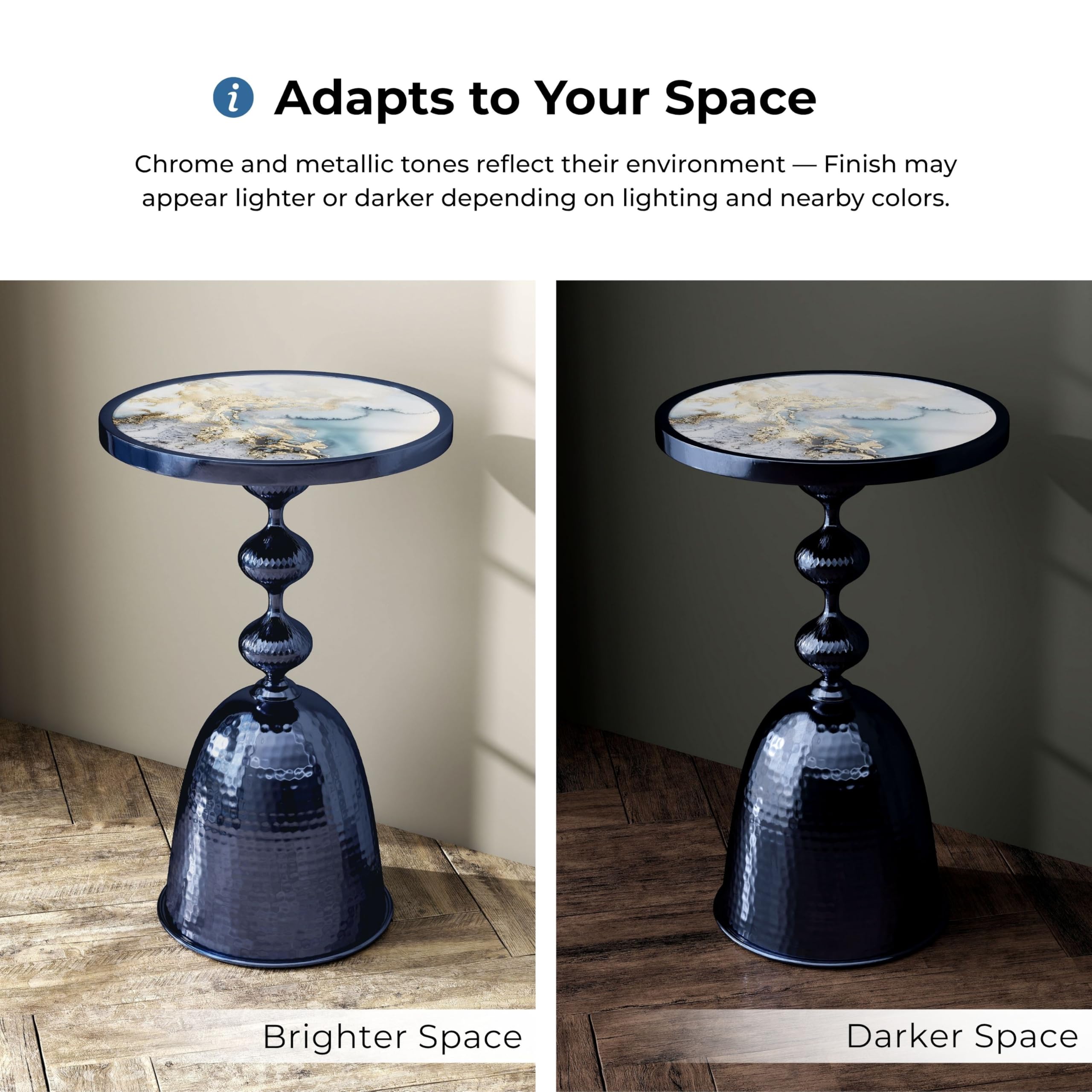Modern 24" Tall Round End Table with Decorated Tabletop and Iron Metal Base, Accent Furniture, Elegant Pedestal Stand for Living Room, Home Office, Chrome Blue