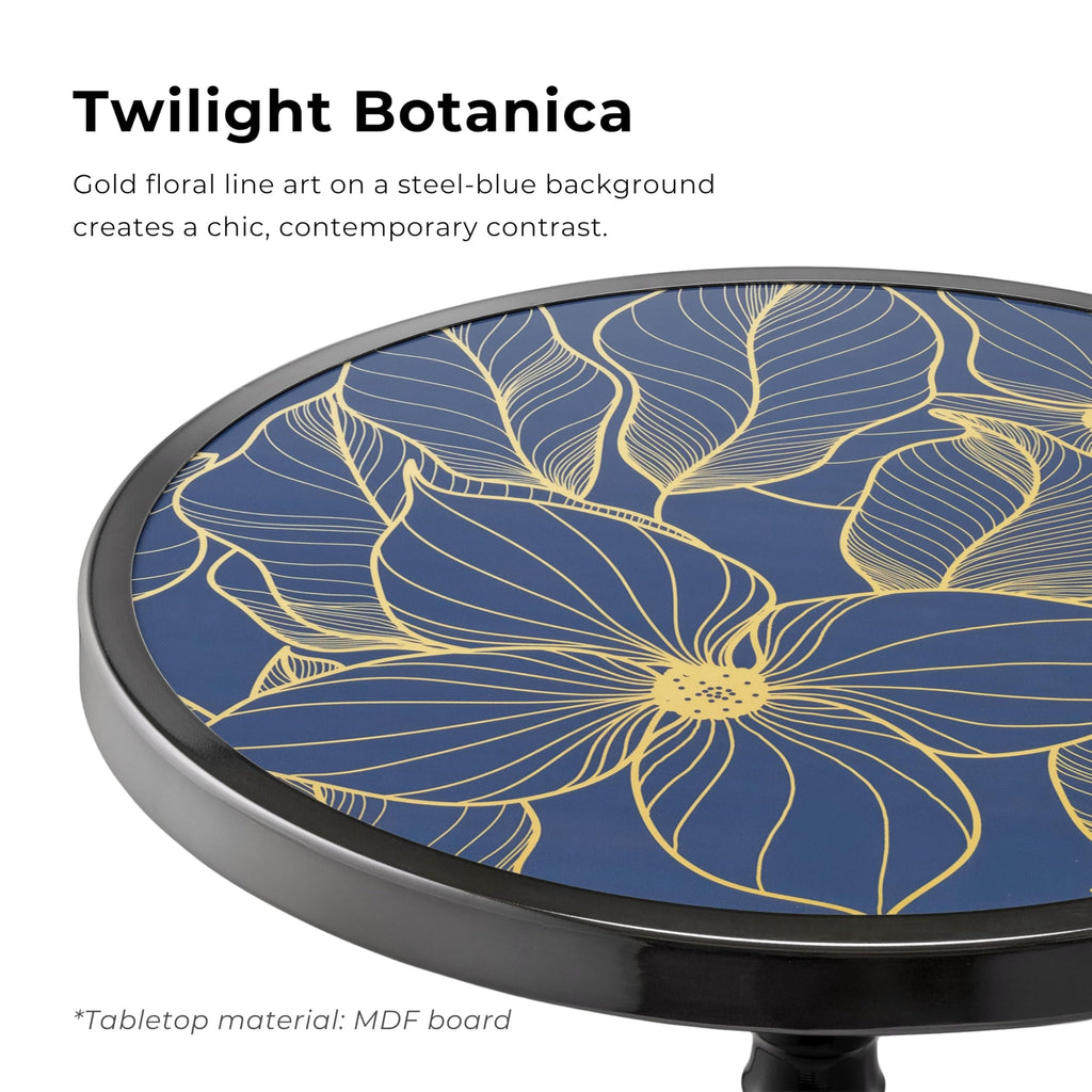 Modern 24" Tall Round End Table with Decorated Tabletop and Iron Metal Base, Accent Furniture, Elegant Pedestal Stand for Living Room, Home Office, Black with Floral Print
