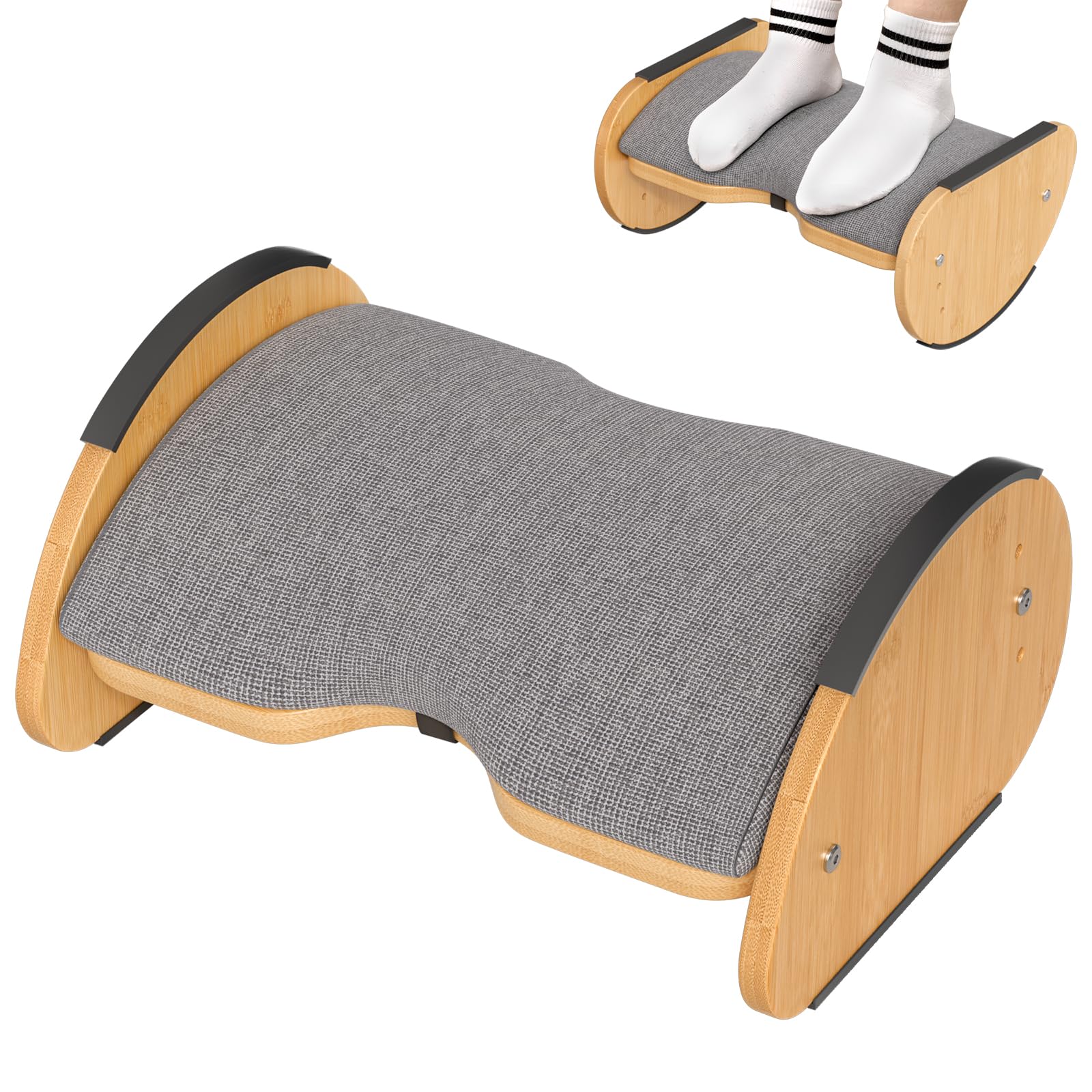 Bamboo Under Desk Footrest with Cushion 3-in-1, Reversible Ergonomic Wood Rocking Foot Rest for Under Desk at Work, Adjustable Foot Stools with Washable Cover, Desk Leg Rest for Home Office