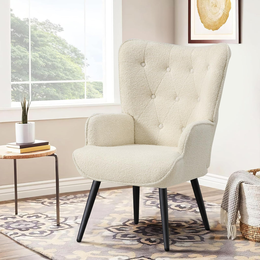 Boucle Accent Chair for Living Room, Upholstered Reading Chair with High Backrest, Tufted-Button Wingback Armchair for Bedroom, Dressing Room, Home Office, Ivory White, Set of 2