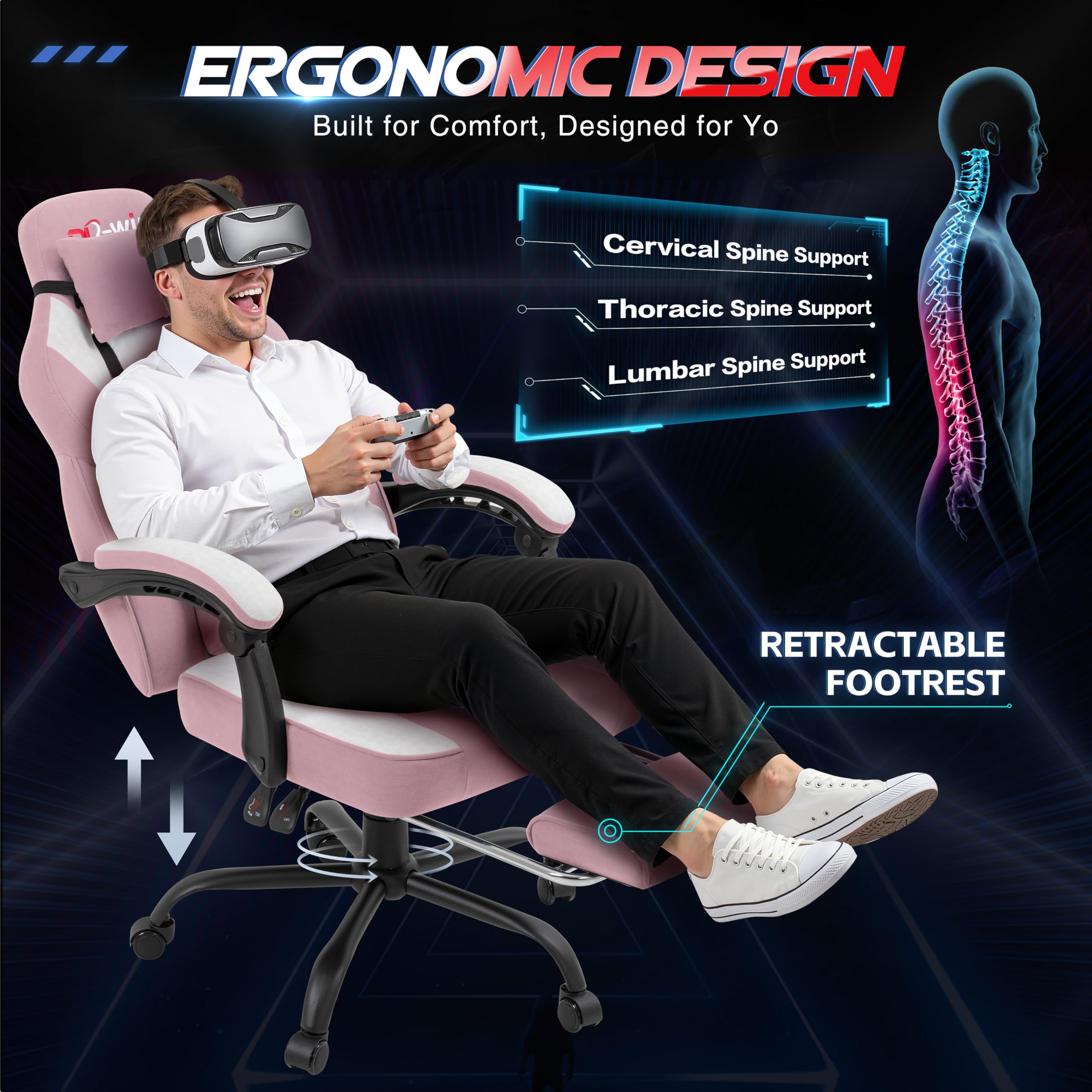 Video Gaming Chair for Adults, Computer Chair with Footrest and Ergonomic High Back, Big and Tall Gamer Chair with Massage Lumbar Support (Blush)