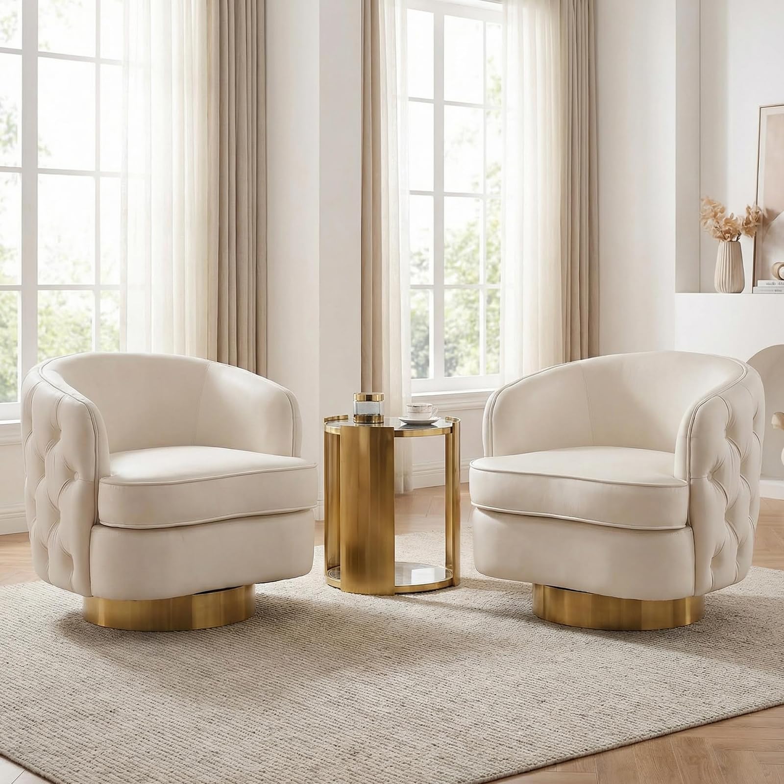 White Swivel Comfy Accent Chair Set of 2, Modern Tufted Velvet Upholstered Round Swivel Barrel Chair for Living Room Bedroom, Barrel Armchair with Tall Backrest