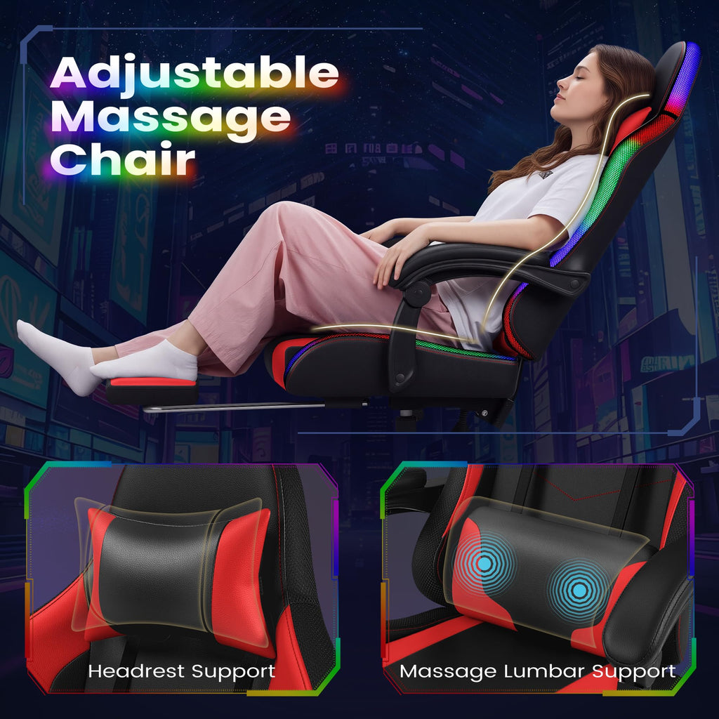 Gaming Chair, Video Game Chair with Footrest and Massage Lumbar Support, Ergonomic Computer Chair Height Adjustable with Swivel Seat and Headrest (RGB Red)