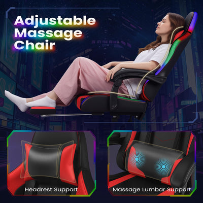 Gaming Chair, Video Game Chair with Footrest and Massage Lumbar Support, Ergonomic Computer Chair Height Adjustable with Swivel Seat and Headrest (RGB Red)