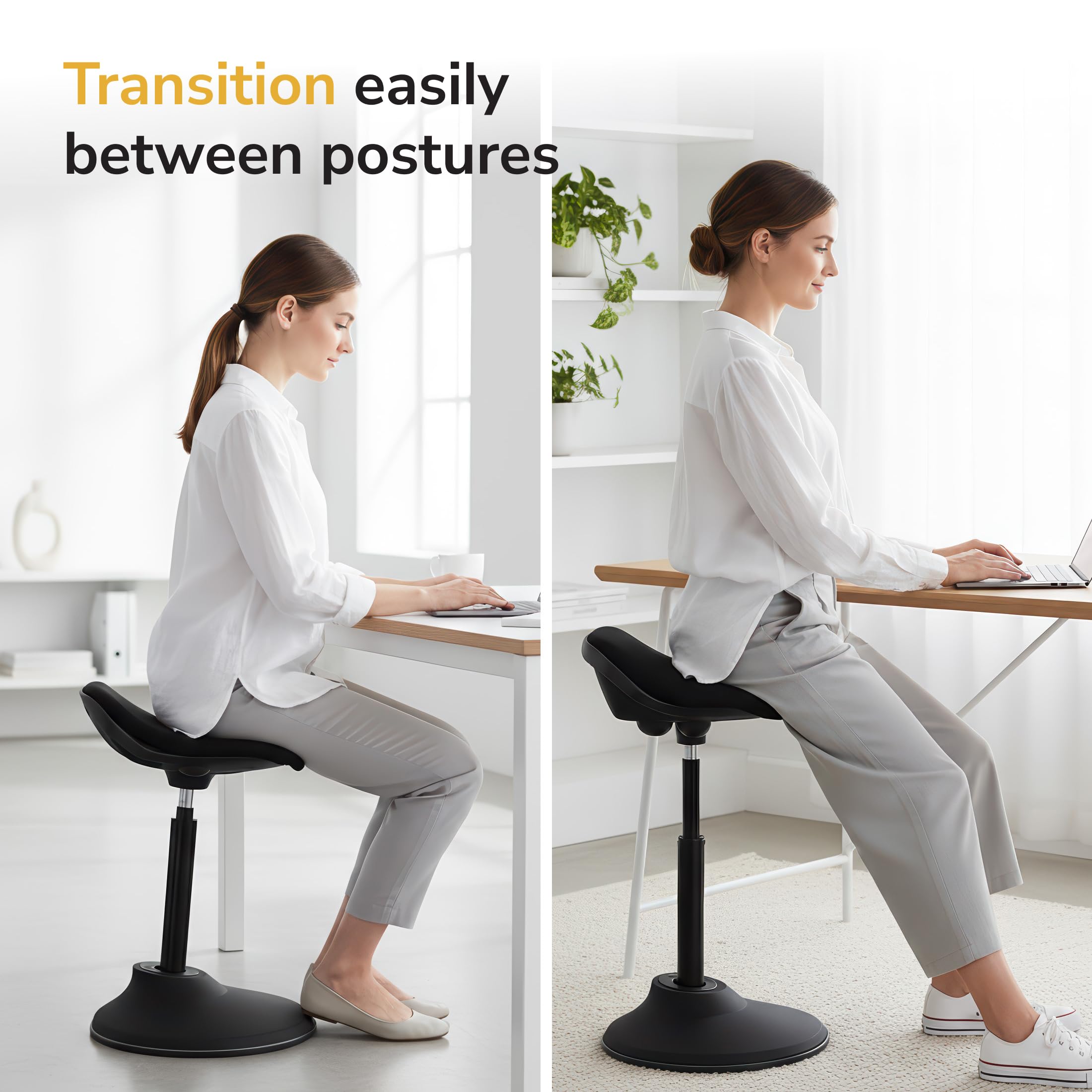Ergonomic Sit Stand Stool, Height Adjustable Leaning Chair for Standing Desk, 360° Tilting Active Sitting Seat, High-Density Foam Cushion, Non-Slip Weighted Base, Easy Assembly (Black)