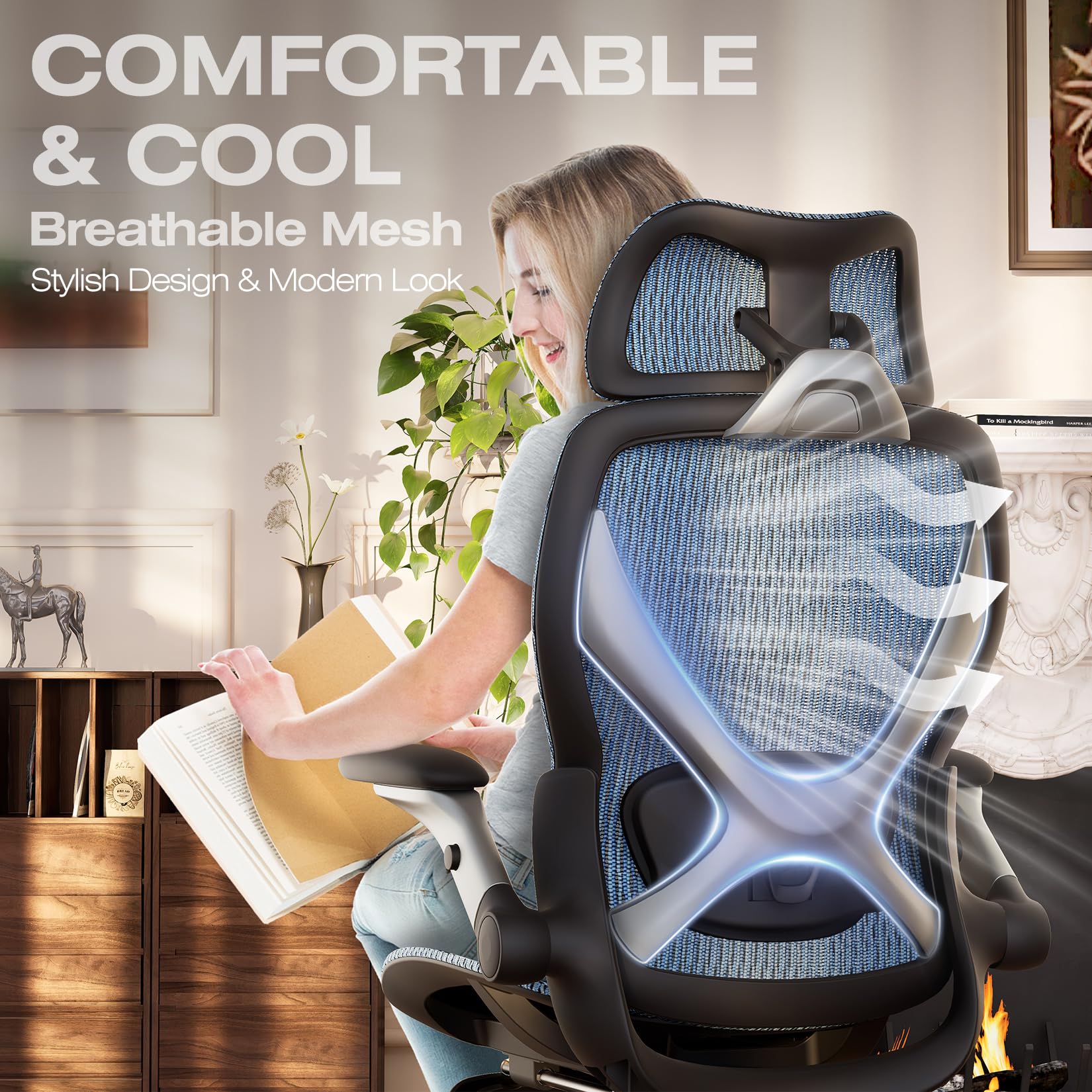 Ergonomic Office Chair with Footrest, Big and Tall Home Desk Chair with 5D Flip-Up Arms, Adjustable 3D Lumbar Support,High Back Rolling Computer Chair, Swivel Mesh Chairs (Oaxaca Blue)