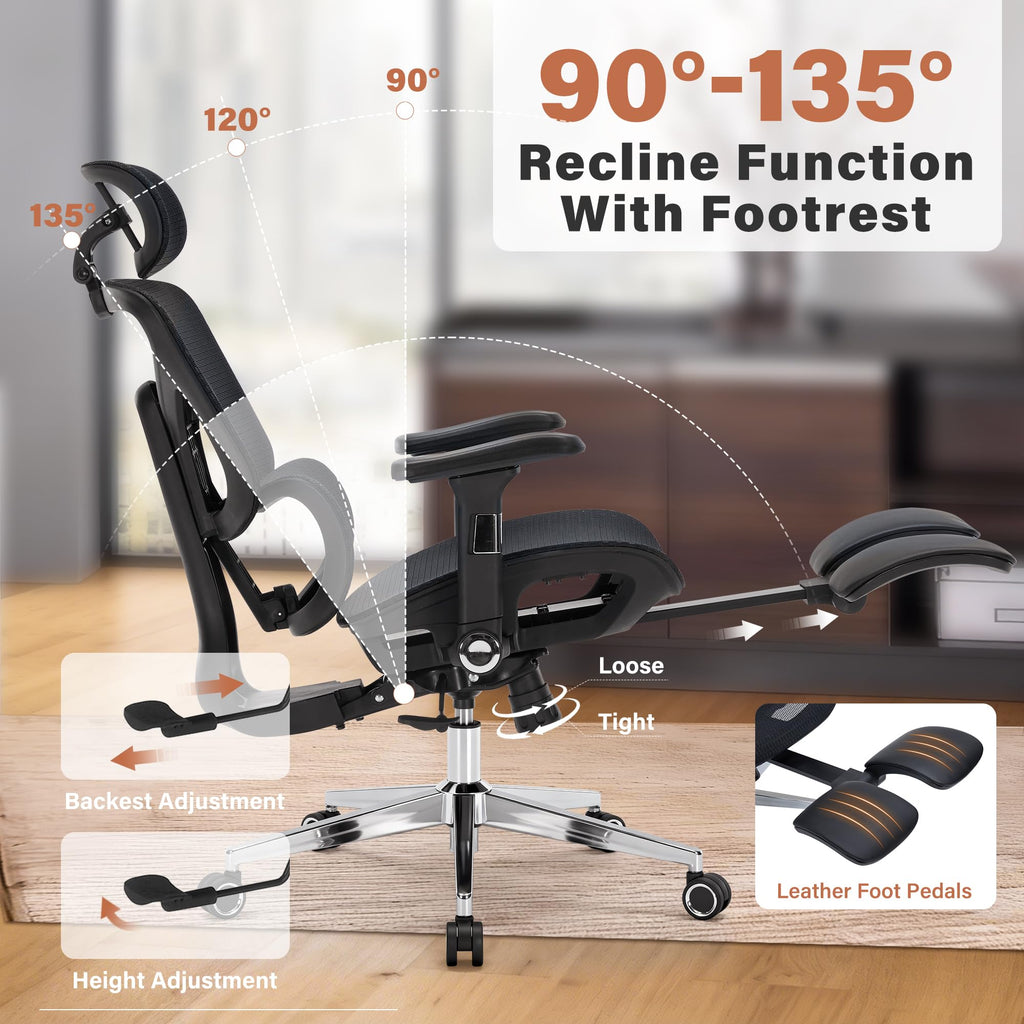 Ergonomic Mesh Office Chair | Adjustable Headrest, 5D Armrests & Footrest | High Back Computer Chair