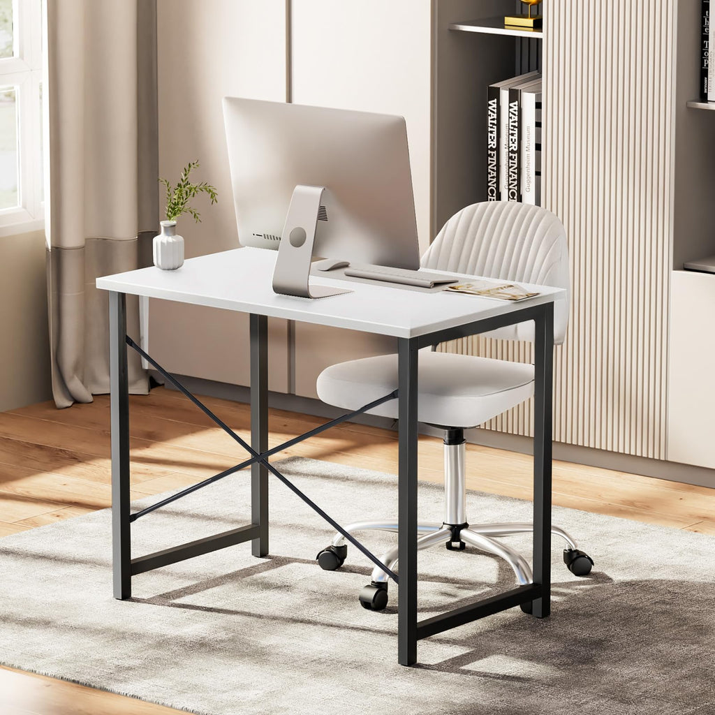 Computer Small Office Desk 32 Inch Student Study Writing Work with Metal Frame Wood Tabletop Modern Simple PC Home Bedroom Table, Modern White
