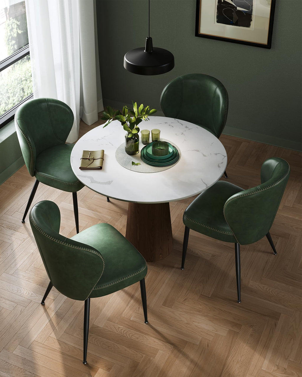 Dining Chairs Set of 2, Upholstered Kitchen Chairs, Comfortable Seat, Synthetic Leather with Stitching, Mid-Century Modern, Easy Assembly, Living Room Lounge, Forest Green