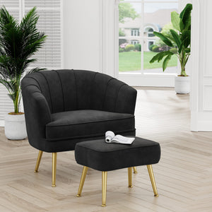 Velvet Accent Chair with Ottoman, Upholstered Modern Single Sofa Side Chair,Comfy Barrel Club Living Room Armchair with Golden Metal Legs for Bedroom Living Reading Room Office, Black