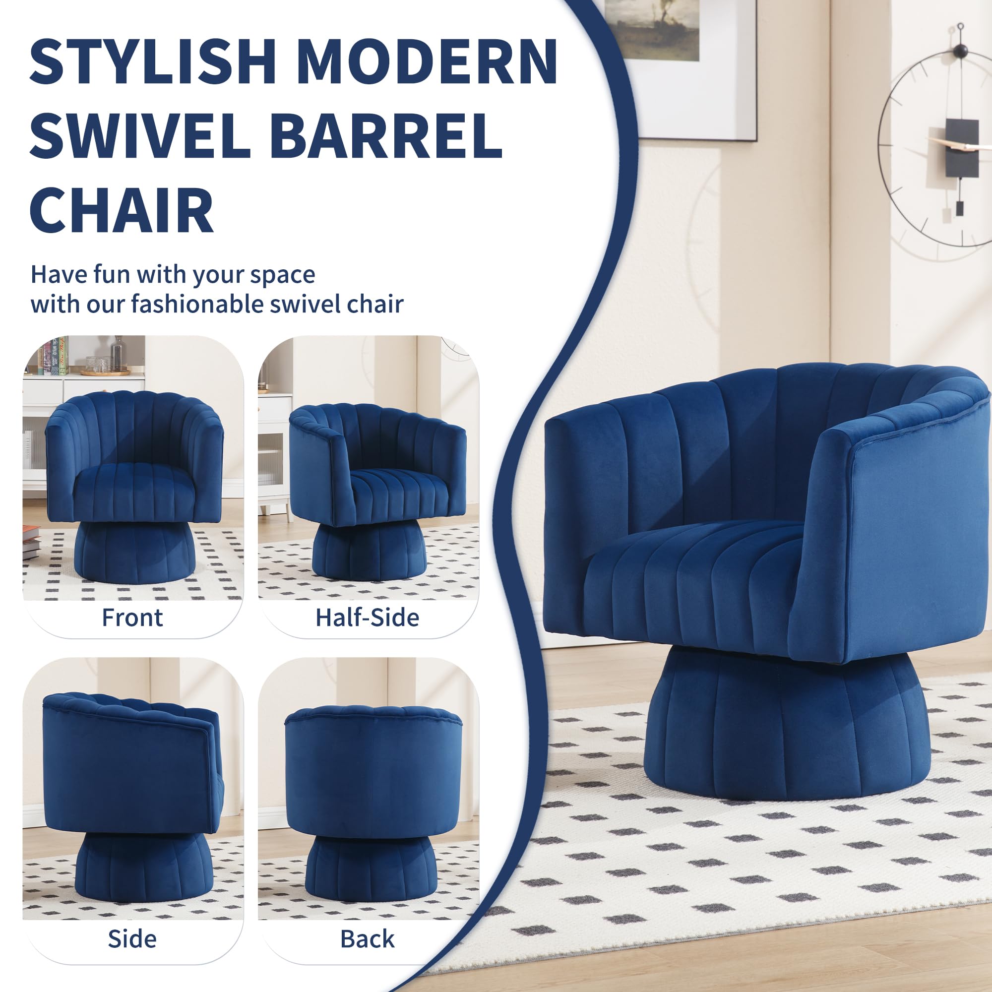 Swivel Accent Barrel Chair - Cute Comfy Small Round 360° Arm Chair Velvet Sofa Club Reading Chair for Living Room Bedroom Office Dark Blue
