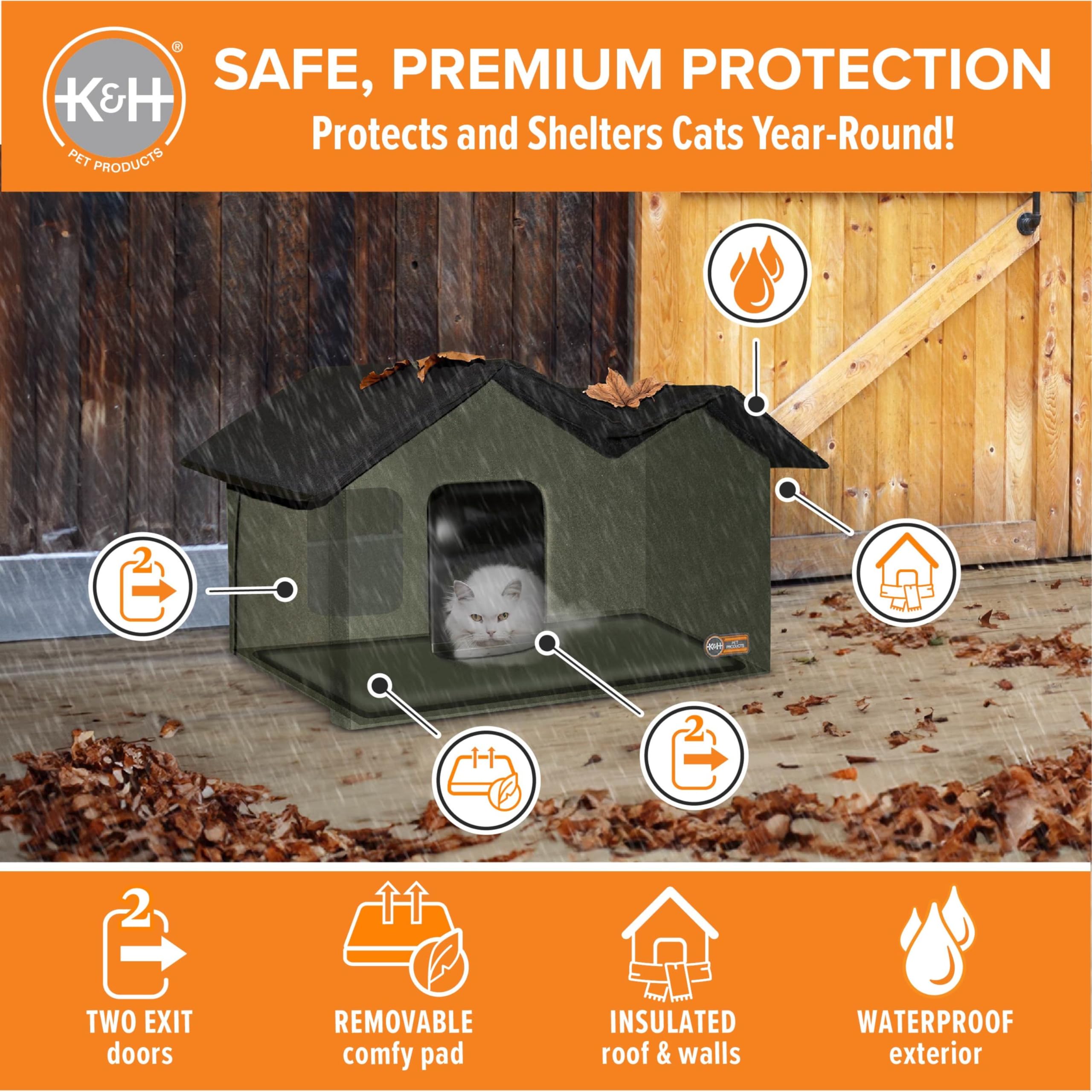 Extra-Wide Outdoor Cat House for Outside Pets, Weatherproof Outdoor House for Large Cats, Insulated Kitty Shelter, 2 Doors, Waterproof Removable Floor Pad, Unheated - Olive