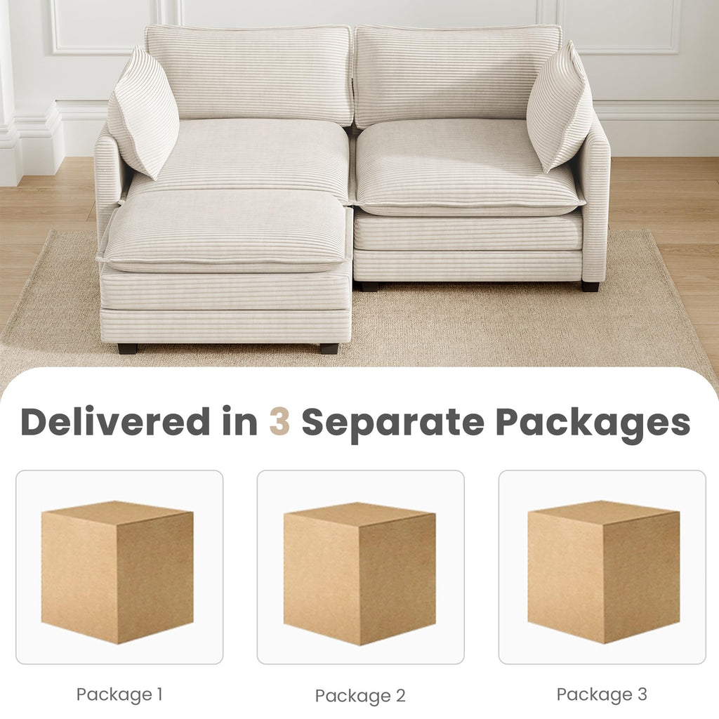 78'' Modular Sectional Cloud Couch with Movable Ottoman, 3 Seat Comfy Modern Corduroy Sofa with 2 Throw Pillows, Deep Seat L Shaped Couch for Living Room Bedroom Apartment, Beige