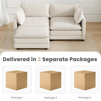 78'' Modular Sectional Cloud Couch with Movable Ottoman, 3 Seat Comfy Modern Corduroy Sofa with 2 Throw Pillows, Deep Seat L Shaped Couch for Living Room Bedroom Apartment, Beige