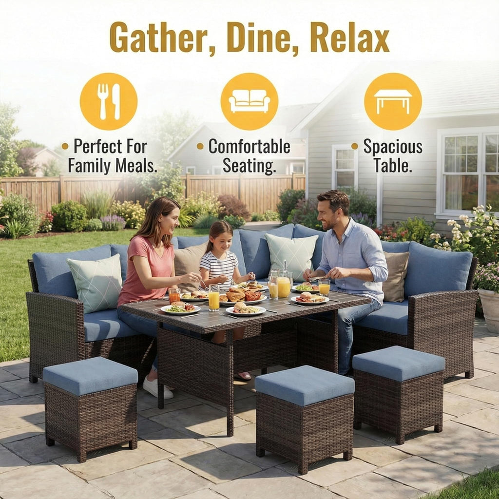7 Piece Patio Furniture Set, High Curved Back Wicker Patio Sectional, All Weather Outdoor Dining Set, Outdoor Furniture Patio Conversation Set with Ottoman, Blue