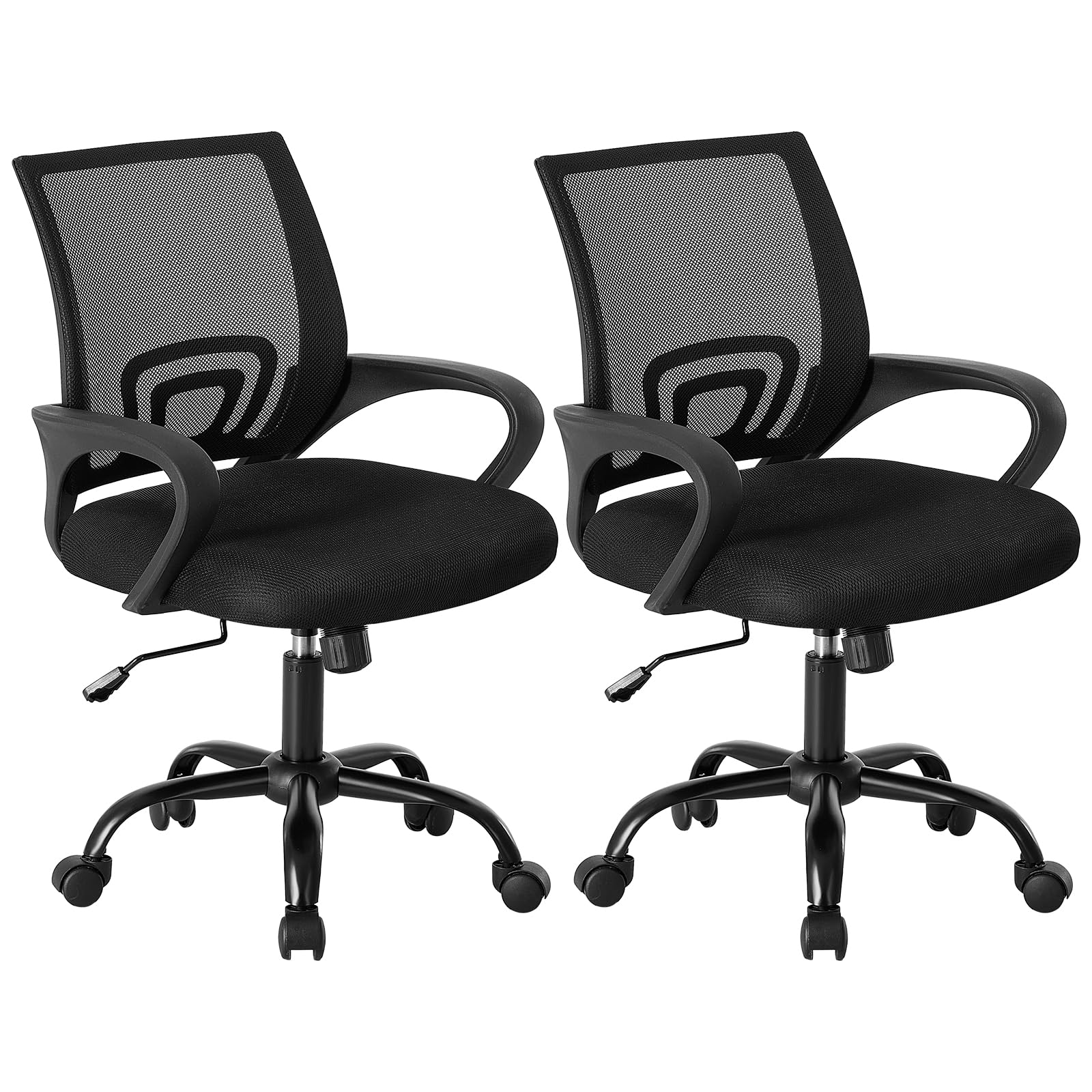 2 Pack, Office Desk Chair - Ergonomic Mid Back with Lumbar Support & Rocking Mode, Height Adjustable with Fixed Armrest, for Home, Computer, Gaming, Conference, Meeting, 360° Swivel, Black,