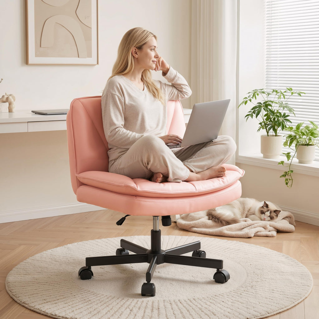 Criss Cross Chair with Wheels,Cross Legged Office Chair with 2 Layer Cushion,Wide Seat,Leather,Amless, for Home,Office,Make Up,Vanity,Bed Room,Pink