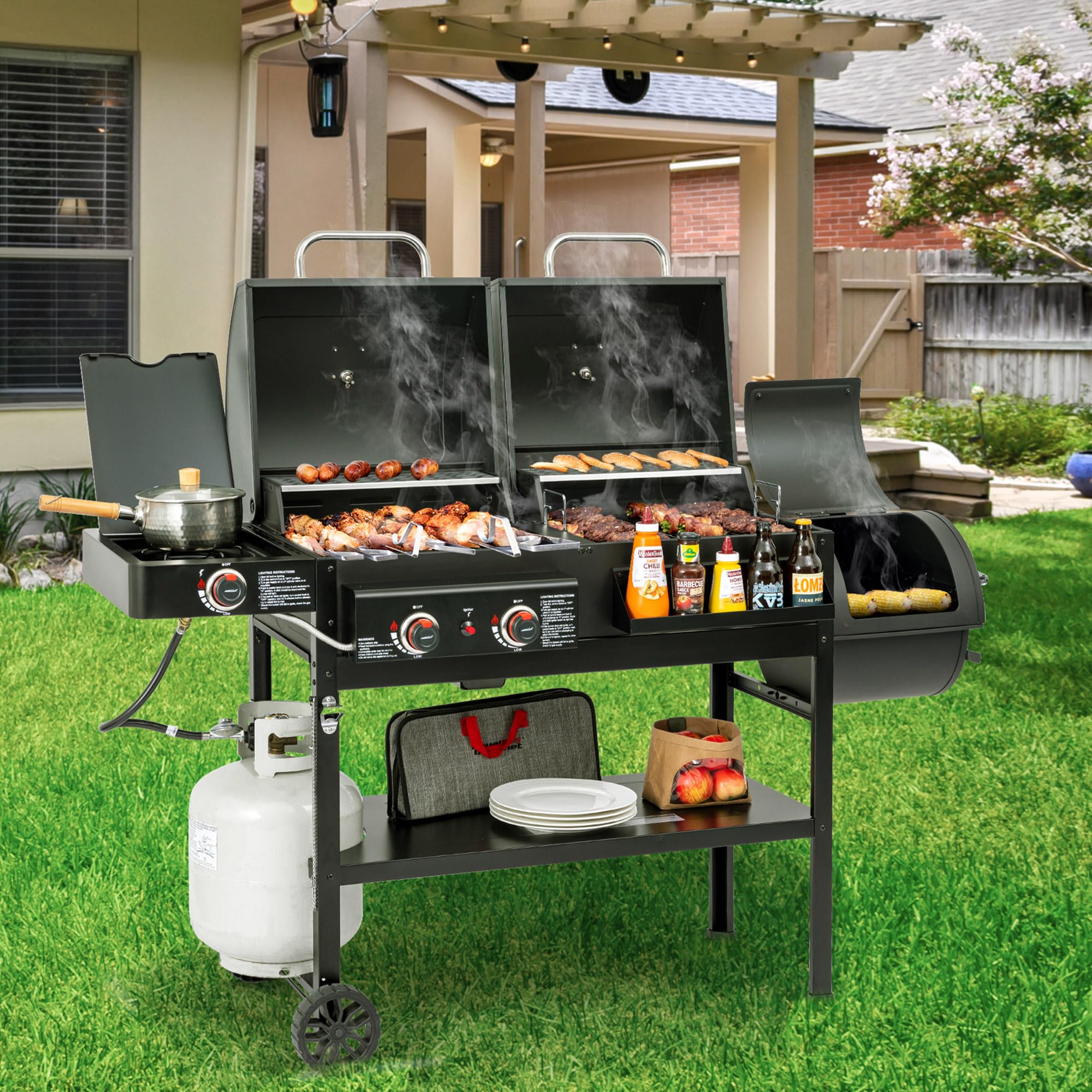 2-Burner Gas and Charcoal Combo Grill with Offset Smoker & Side Burner, 34,000 BTU Dual Fuel Grill, 1020 Sq. In. Cooking Area, Ideal for Outdoor Cooking, Black, ZH3005Y-SC