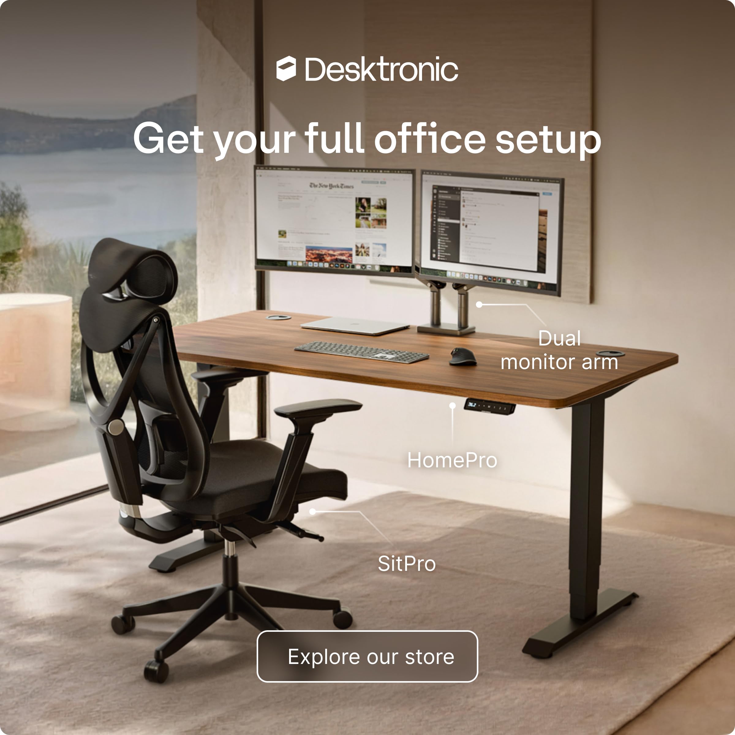 HomePro Standing Desk 54x28 — Made in Europe, Ergonomic Sit Stand Home Office Desk, Electric Height Adjustable, Dual Motor, USB & USB-C Charging, Wobble-Free, Touchscreen, 3 Memory Presets