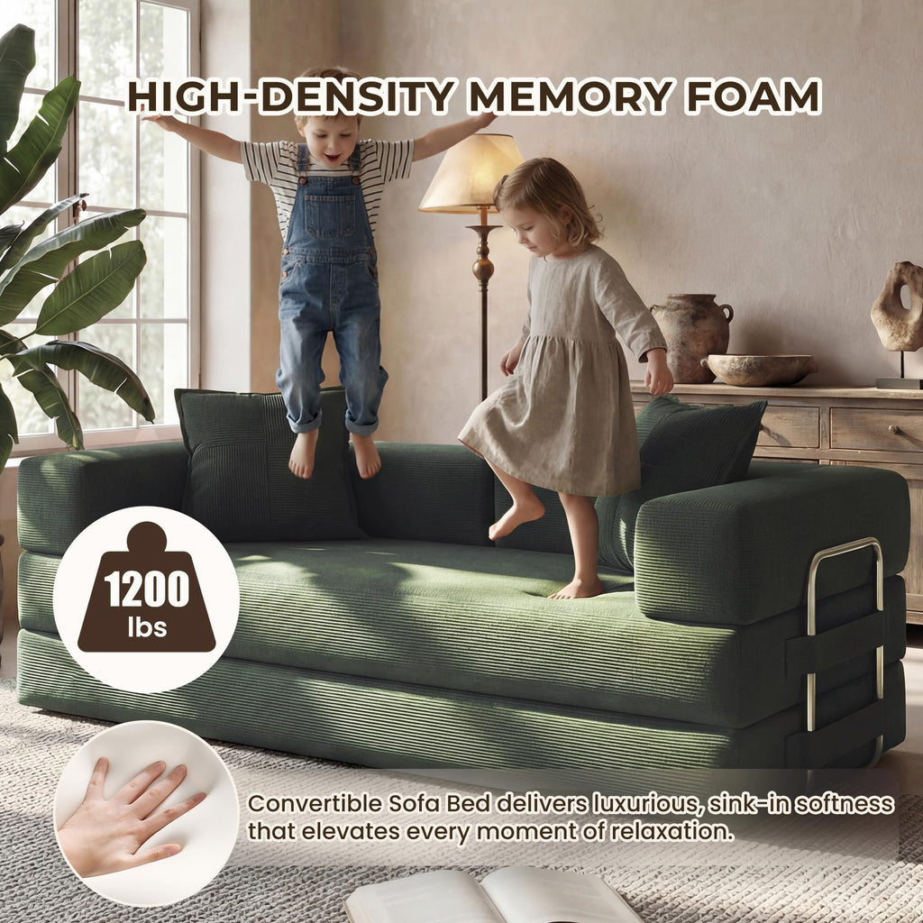 78 Inch Convertible Sofa Bed, 5-in-1 Futon Sofa Bed Pull Out Couch, Boneless Couch Bed for Living Room, Corduroy Boneless Couches for Bedroom, Apartment, No Assembly Sleeper Sofa Bed, Green
