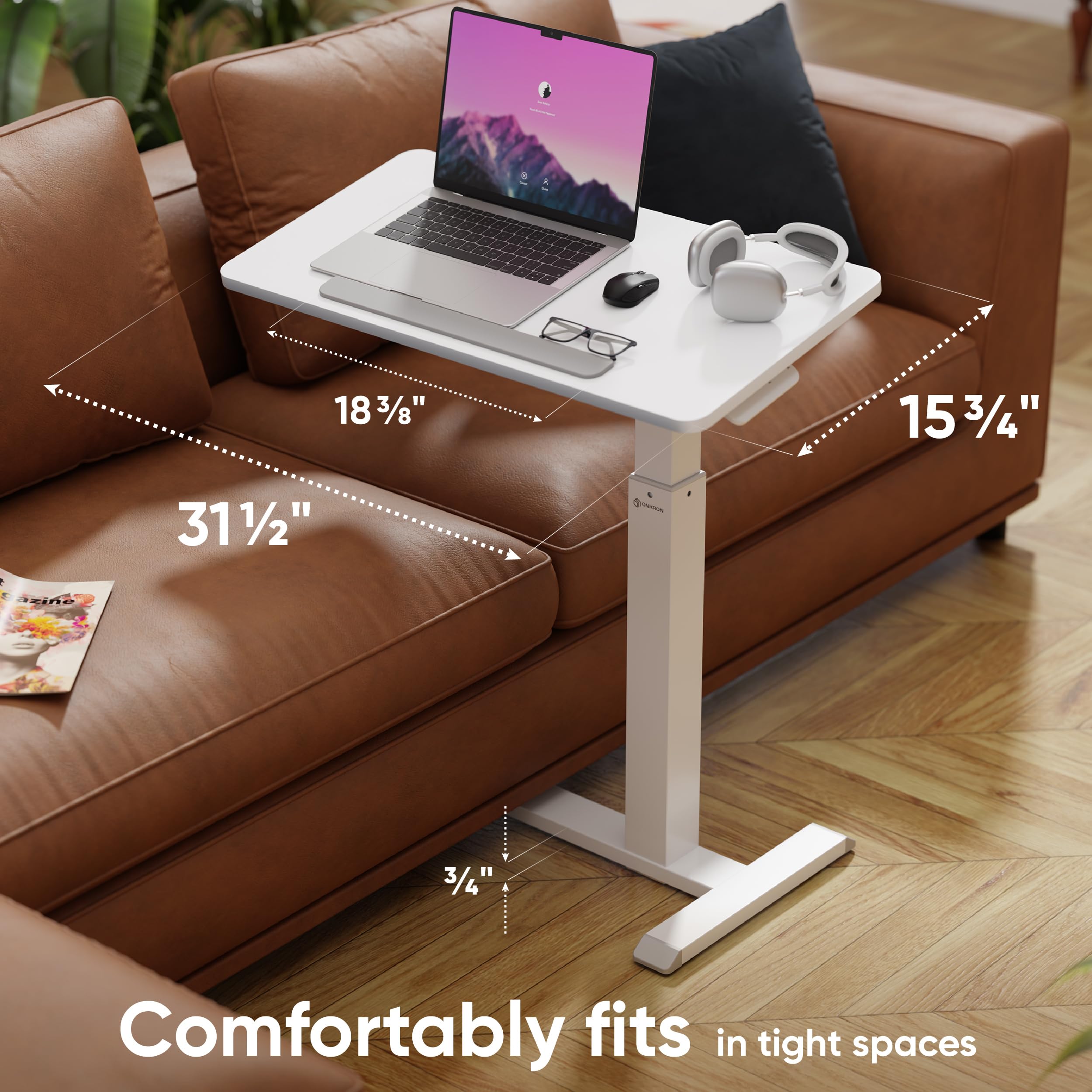 Laptop Cart on Wheels, max Load up to 17.6 lbs, Small Rolling Table with Hidden Wheels, Mobile Standing Desk Adjustable Height, 90° Tilting Portable Workstation, Overbed Bedside Desk White