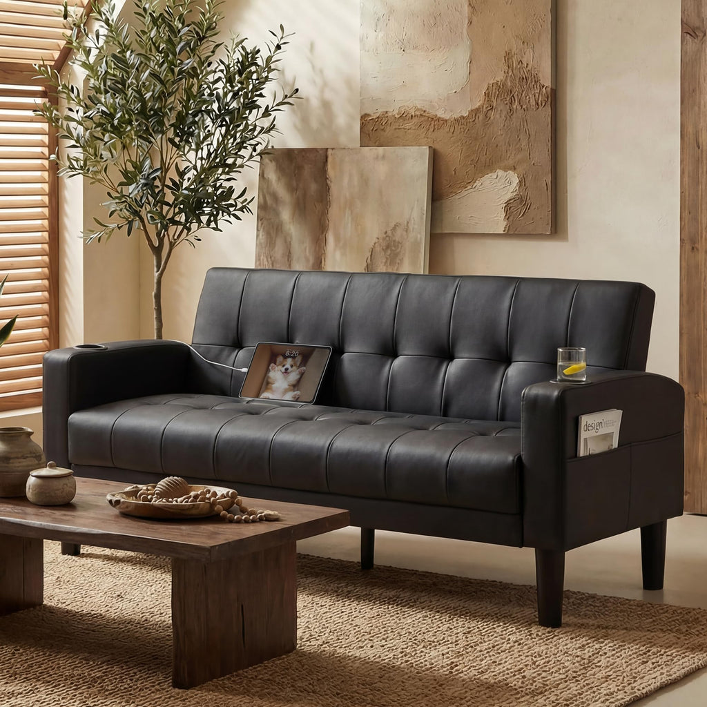 Sofa Couch 62" W Loveseat w/ 2 USB Charger Ports & 2 Cupholders, Mid-Century Modern Black Faux Leather Tufted Small Love Seat Couches for Office,Compact Living Room,Bedroom,Apartment,Dorm