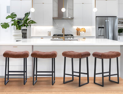 Modern Bar Stools Set of 3 for Kitchen Counter 24 inch Counter Height Backless Barstools with Upholstered Faux Leather Saddle Seat and Metal Frame Industrial Bar Chairs, Brown
