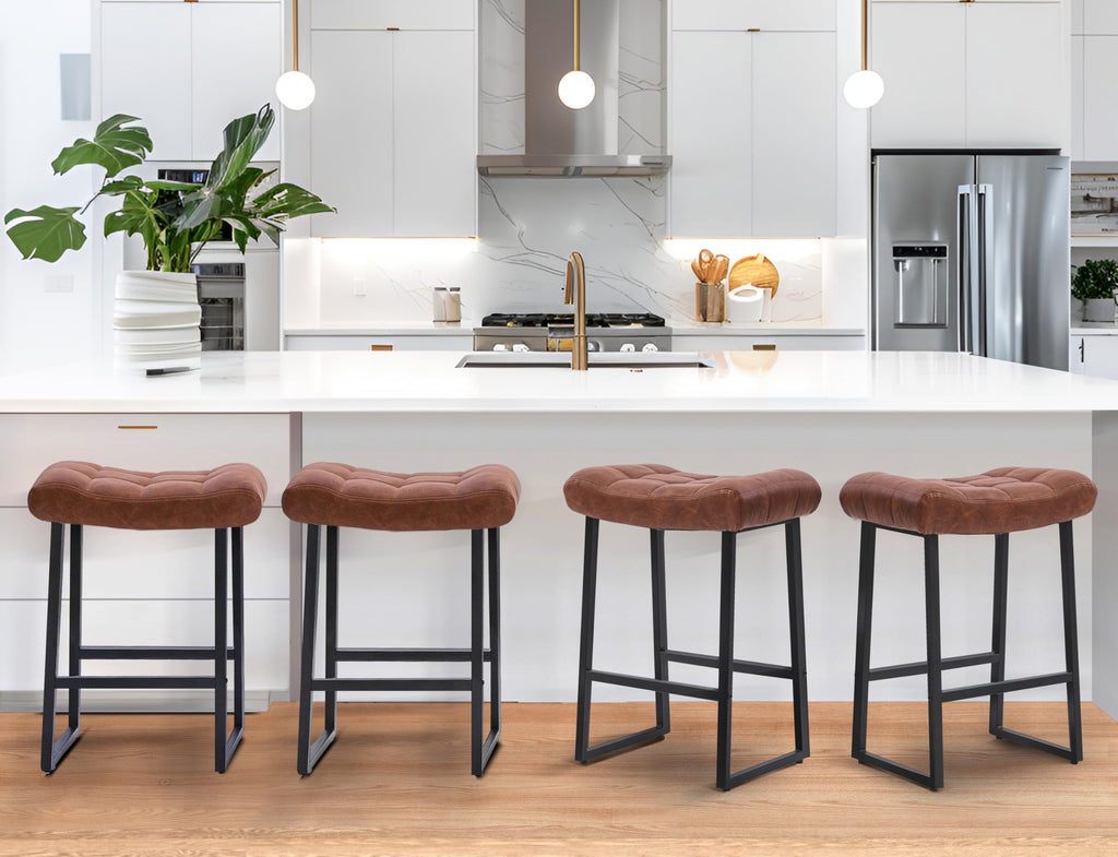Modern Bar Stools Set of 6 for Kitchen Counter 24 inch Counter Height Backless Barstools with Upholstered Faux Leather Saddle Seat and Metal Frame Industrial Bar Chairs, Brown