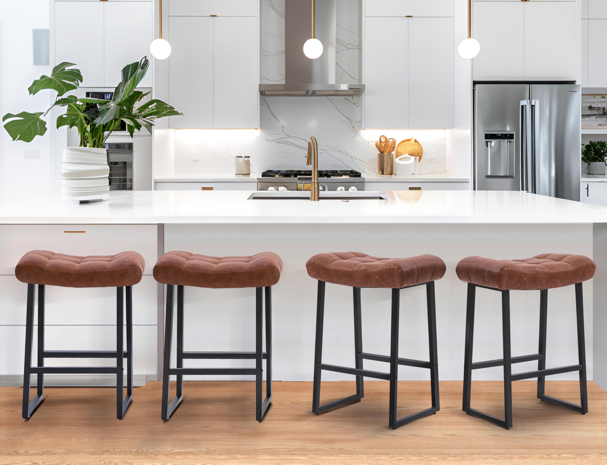 Modern Bar Stools Set of 4 for Kitchen Counter 24 inch Counter Height Backless Barstools with Upholstered Faux Leather Saddle Seat and Metal Frame Industrial Bar Chairs, Brown