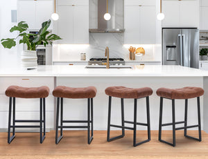 Modern Bar Stools Set of 4 for Kitchen Counter 24 inch Counter Height Backless Barstools with Upholstered Faux Leather Saddle Seat and Metal Frame Industrial Bar Chairs, Brown