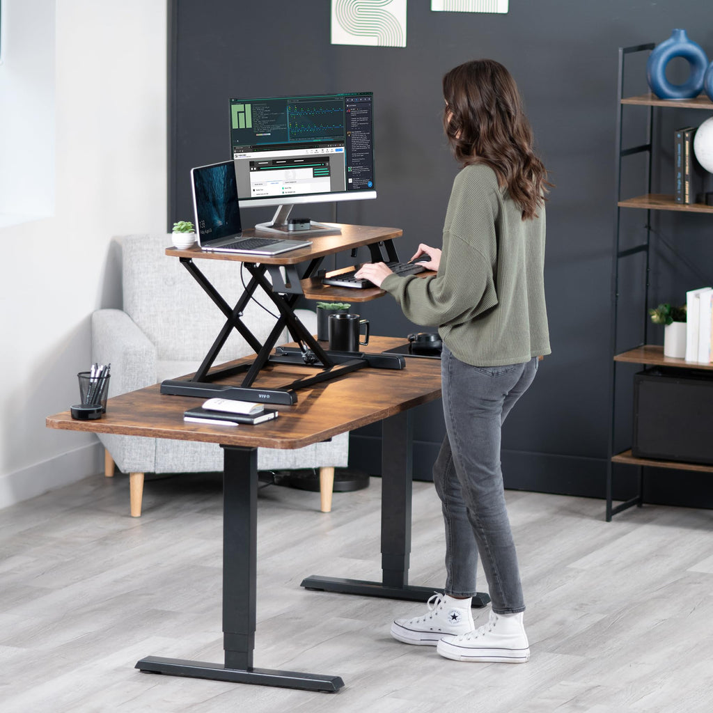 32 inch Desk Converter, K Series, Height Adjustable Sit to Stand Riser, Dual Monitor and Laptop Workstation with Wide Keyboard Tray, Vintage Brown Top, Black Frame, DESK-V000KN