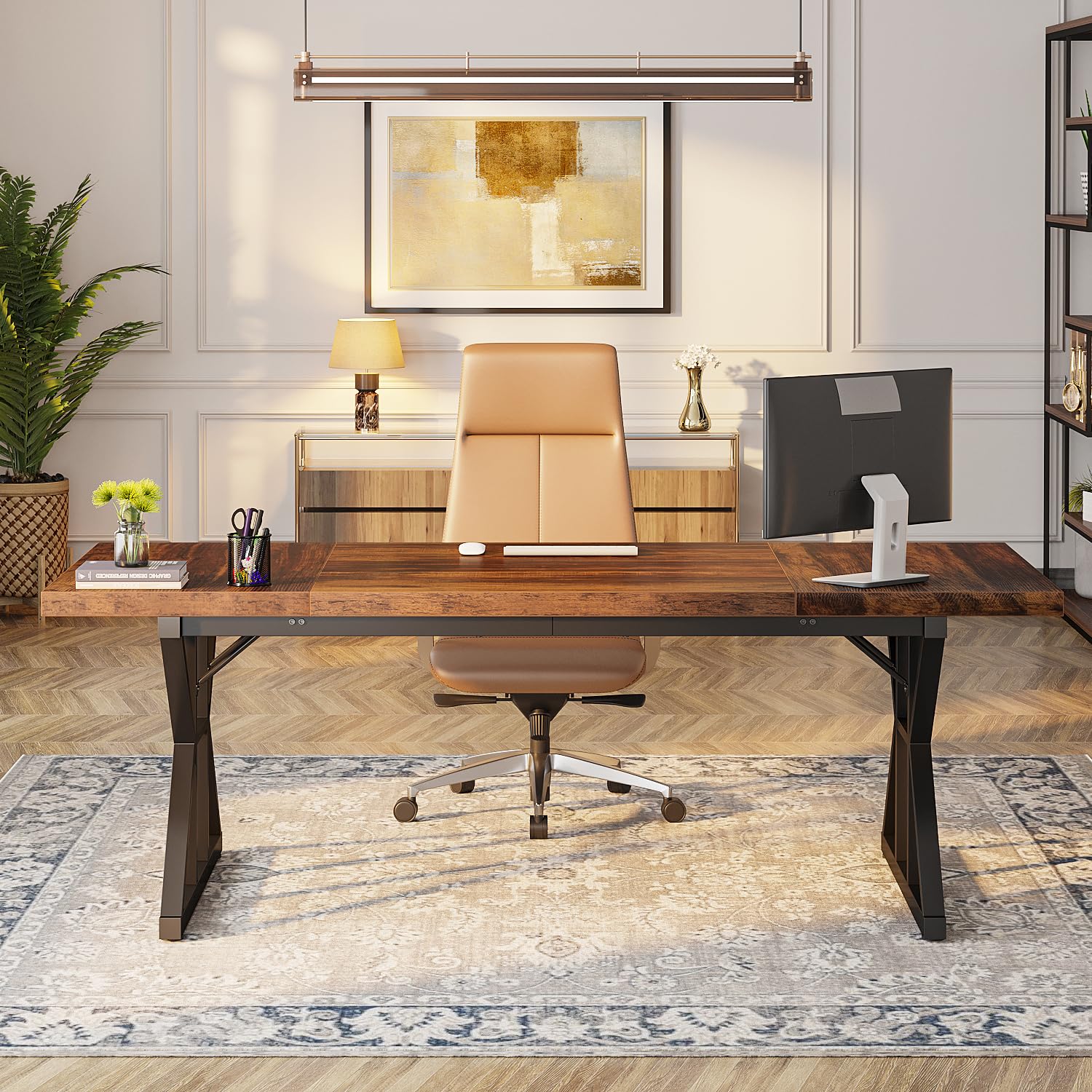 70.8-Inch Executive Desk, Large Computer Office Desk Workstation, Modern Simple Style Laptop Desk Study Writing Table Business Furniture for Home Office (Brown/Black, 70.8 Inch)