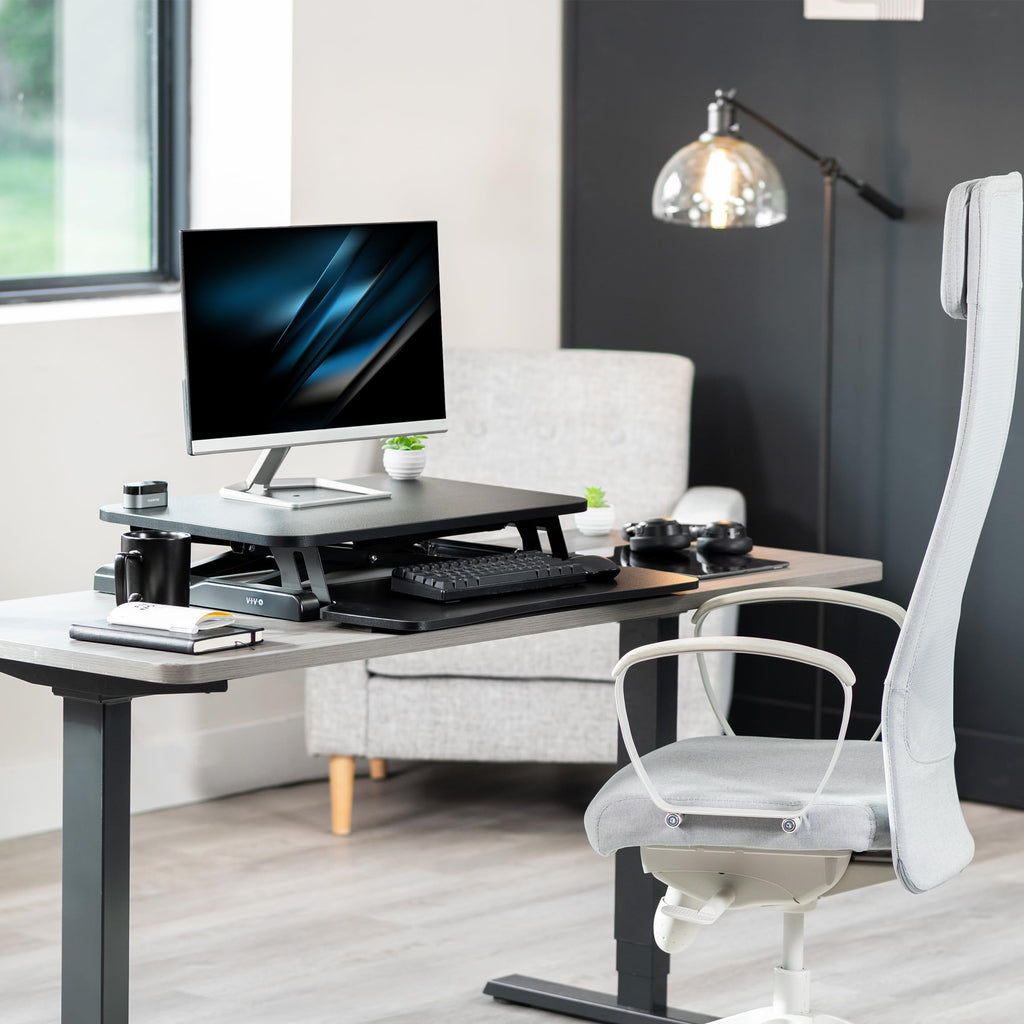 26 inch Desk Converter, K Series, Height Adjustable Sit to Stand Riser, Dual Monitor and Laptop Workstation with Keyboard Tray, Black, DESK-V026KB