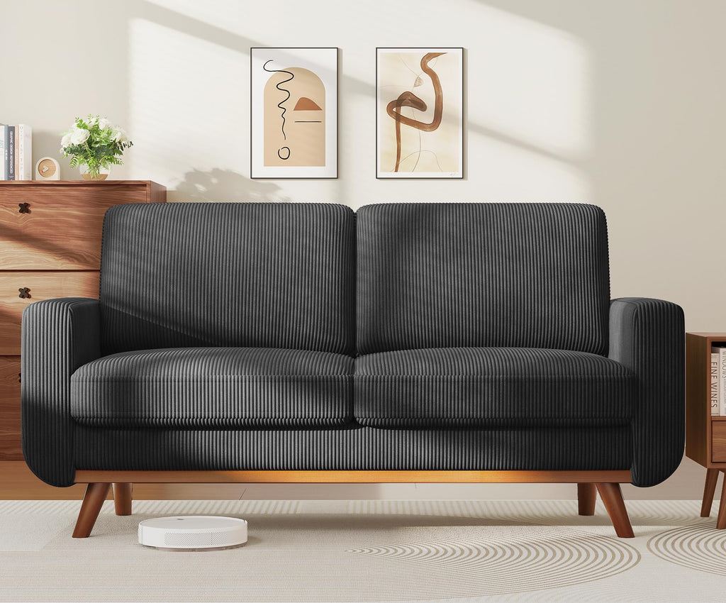 68" Loveseat Sofa Black, Comfy Corduroy Couch with Spring Cushion and Solid Wood, Modern Extra Deep Seat for Bedroom, Living Room, Office