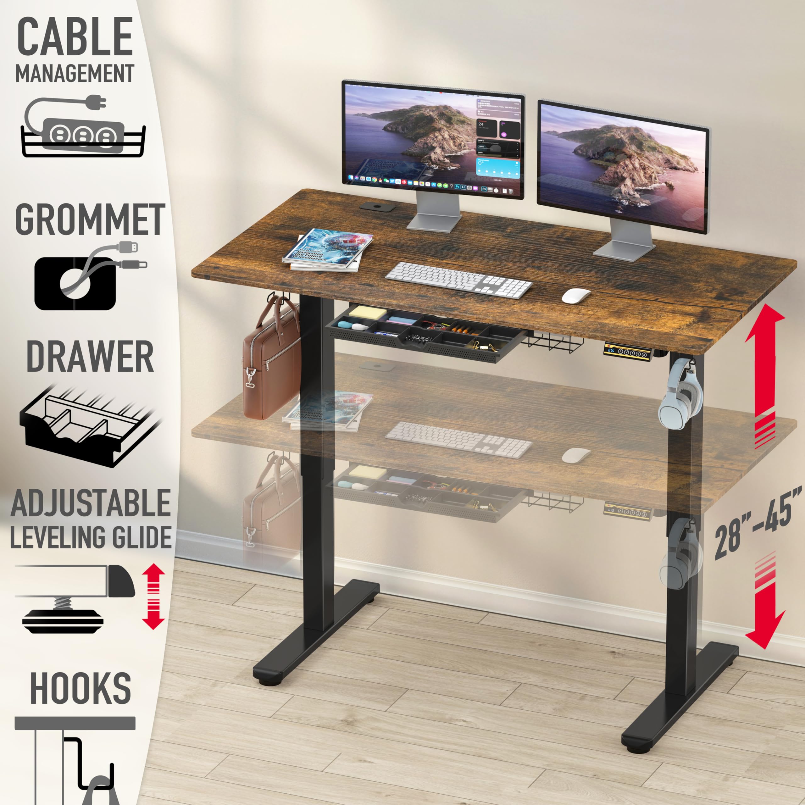 55 x 28 Inches Electric Height Adjustable Standing Desk with Drawer and Memory Preset, Rustic Brown