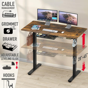 55 x 28 Inches Electric Height Adjustable Standing Desk with Drawer and Memory Preset, Rustic Brown